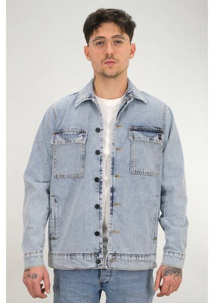 Erkek Buz Mavisi Yıkamalı Kot Ceket Rahat Kalıp Gömlek Yaka Kapaklı Çift Cep fiyatları