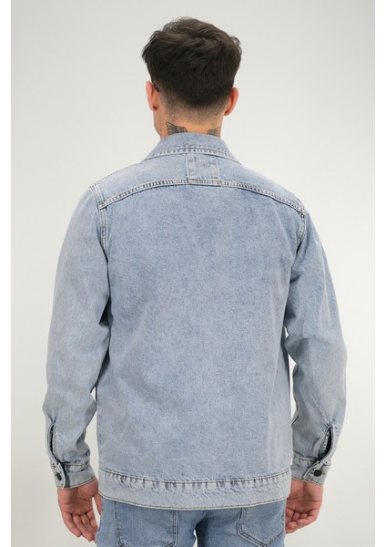 Erkek Buz Mavisi Yıkamalı Kot Ceket Rahat Kalıp Gömlek Yaka Kapaklı Çift Cep indirimleri