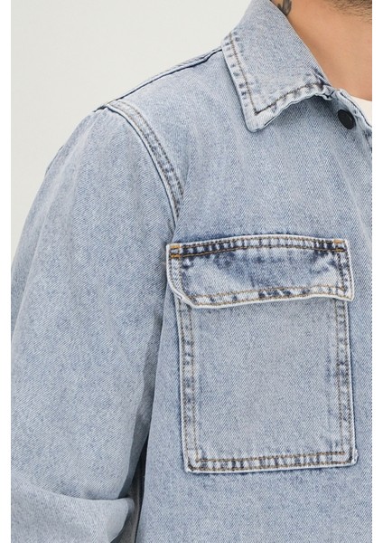 Erkek Buz Mavisi Yıkamalı Kot Ceket Rahat Kalıp Gömlek Yaka Kapaklı Çift Cep