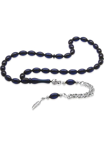 Sıkma Kehribar Tesbih - Kararmaz Metal Püsküllü - Mini Boy - Lacivert Renk - Arpa Kesim