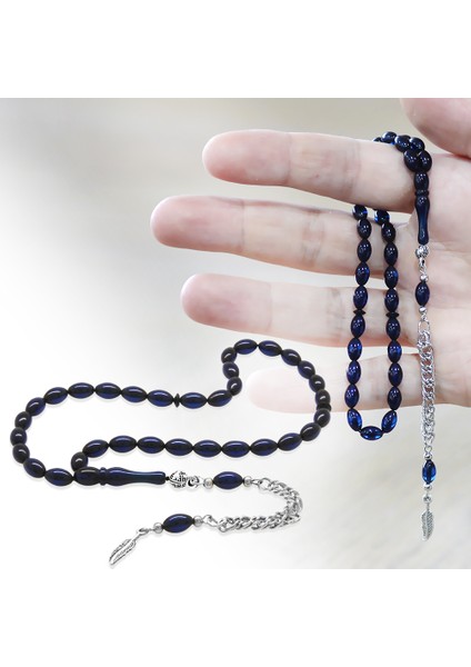 Sıkma Kehribar Tesbih - Kararmaz Metal Püsküllü - Mini Boy - Lacivert Renk - Arpa Kesim fiyatları