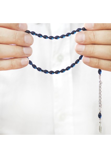 Sıkma Kehribar Tesbih - Kararmaz Metal Püsküllü - Mini Boy - Lacivert Renk - Arpa Kesim modelleri