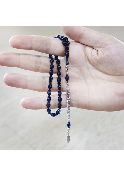 Sıkma Kehribar Tesbih - Kararmaz Metal Püsküllü - Mini Boy - Lacivert Renk - Arpa Kesim fırsatları