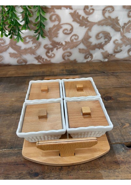 Ahşap Tepsili Kare Kahvaltılık 4 Lü