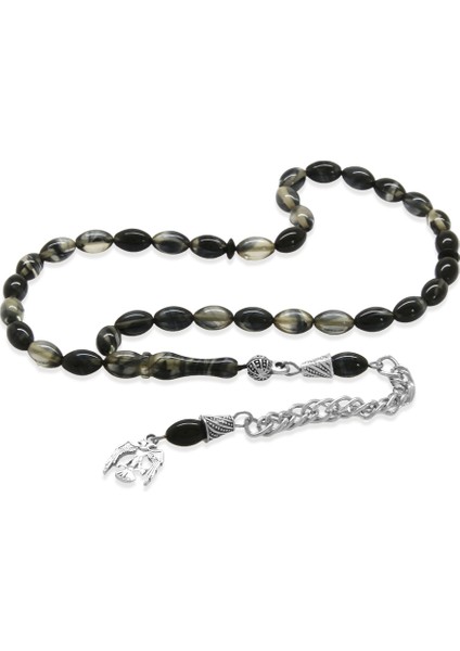 Ateş Kehribar Tesbih - Kararmaz Metal Püsküllü - Mini Boy - Siyah Beyaz Renk - Arpa Kesim