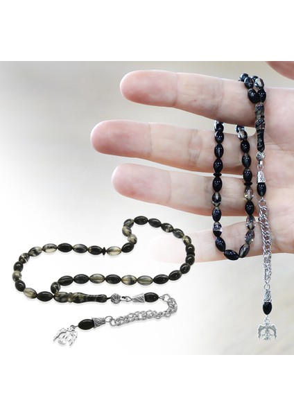 Ateş Kehribar Tesbih - Kararmaz Metal Püsküllü - Mini Boy - Siyah Beyaz Renk - Arpa Kesim fiyatları