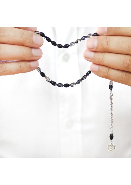 Ateş Kehribar Tesbih - Kararmaz Metal Püsküllü - Mini Boy - Siyah Beyaz Renk - Arpa Kesim modelleri