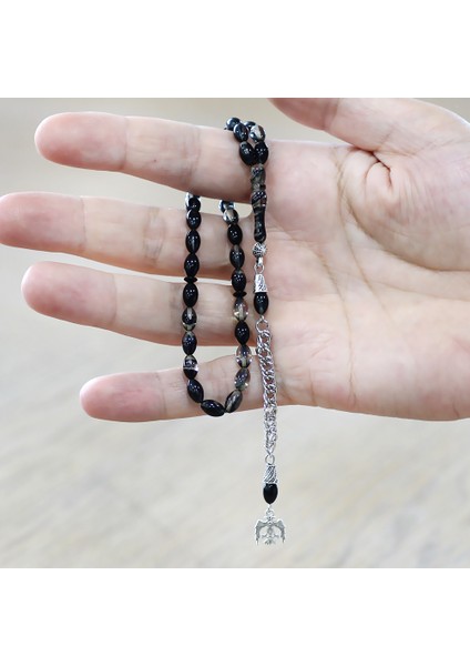 Ateş Kehribar Tesbih - Kararmaz Metal Püsküllü - Mini Boy - Siyah Beyaz Renk - Arpa Kesim fırsatları