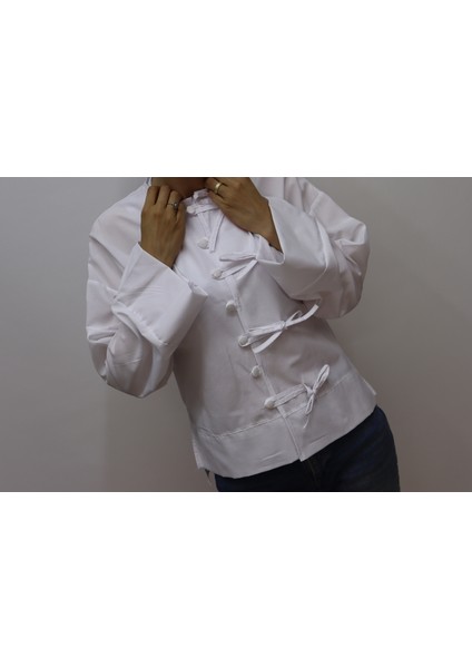 Terrycotton Kumaş Etek Üstü Fiyonklu Dar-Slim Kalıp Ispanyol Kol Kadın Gömlek