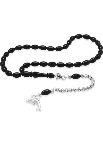 Kararmaz Metal Arnavut Zincir Püsküllü Arpa Kesim Siyah Mini Boy Sıkma Kehribar Tesbih