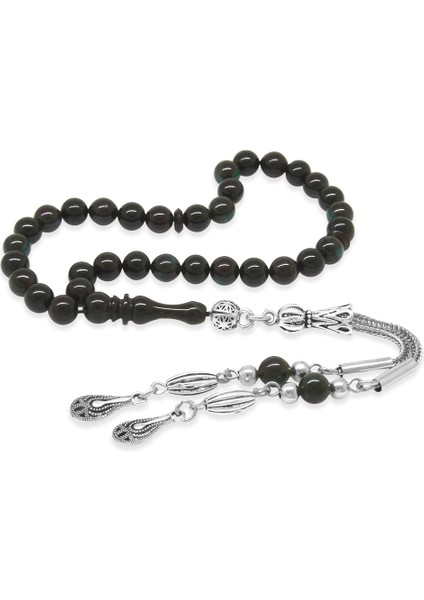 Kararmaz Metal Püsküllü Küre Kesim Bilek Boy Mavi Siyah Sıkma Kehribar Tesbih