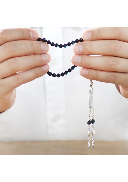 Kararmaz Metal Püsküllü Küre Kesim Bilek Boy Mavi Siyah Sıkma Kehribar Tesbih modelleri