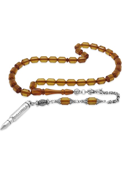 Kararmaz Metal Arnavut Püsküllü Uçlu Kapsül Kesim Şeffaf Sarı Ateş Kehribar Tesbih