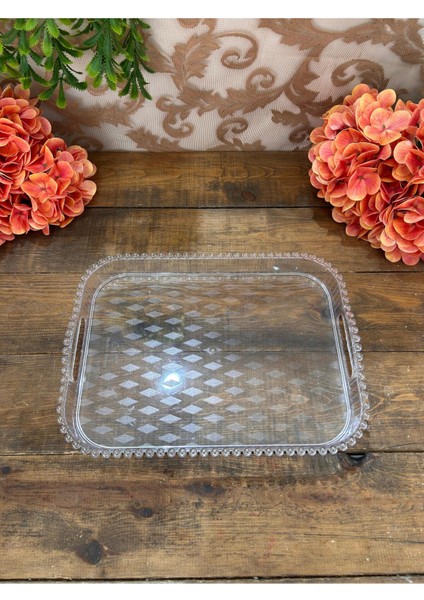 Mika Dikdörtgen Kenarları Boncuklu Tepsi