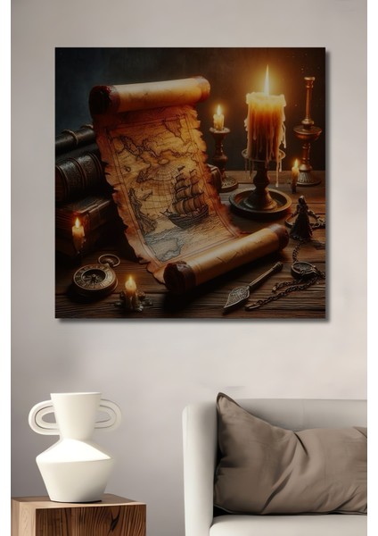 Antik Harita Detaylı Yağlı Boya Görünümlü Ahşap Dekoratif Tablo Dikdörtgen Tablo