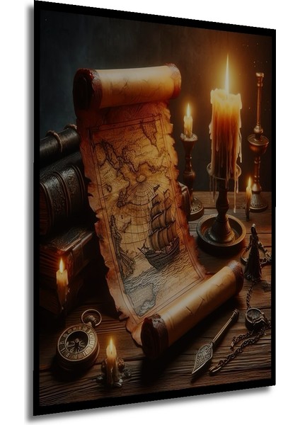 Antik Harita Detaylı Yağlı Boya Görünümlü Ahşap Dekoratif Tablo Dikdörtgen Tablo