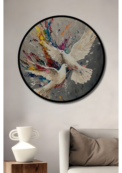 Iki Beyaz Güvercinin Renkli Kanatları Yağlı Boya Görünümlü Modern Sanat Ahşap Tablo Yuvarlak Tablo fiyatları