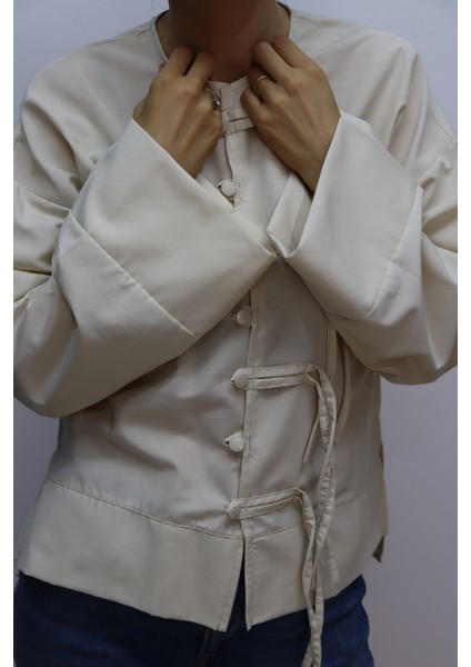 Terrycotton Kumaş Etek Üstü Fiyonklu Dar-Slim Kalıp Ispanyol Kol Kadın Gömlek