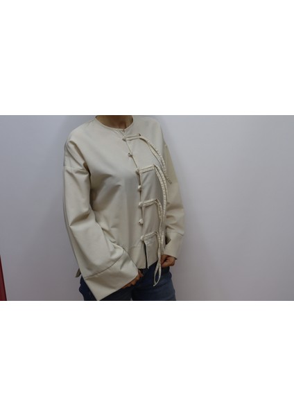 Terrycotton Kumaş Etek Üstü Fiyonklu Dar-Slim Kalıp Ispanyol Kol Kadın Gömlek