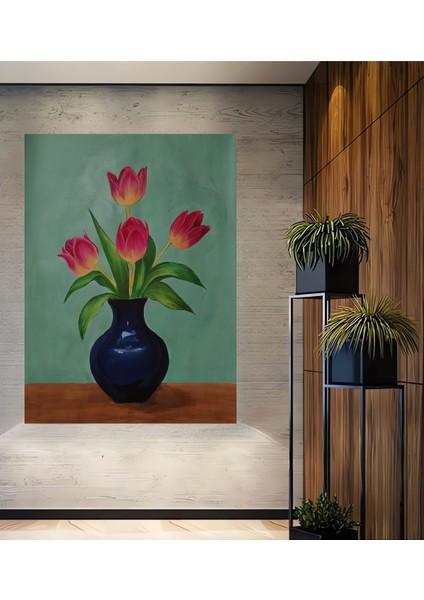 Koyu Lacivert Vazo Kırmızı Laleler Sulu Boya Görünümlü Ahşap Dekoratif Tablo Dikdörtgen Tablo