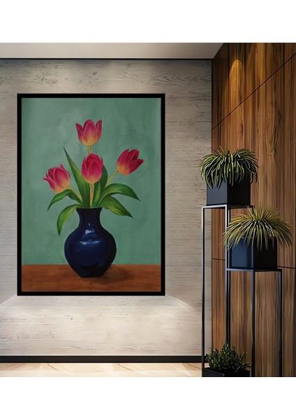 Koyu Lacivert Vazo Kırmızı Laleler Sulu Boya Görünümlü Ahşap Dekoratif Tablo Dikdörtgen Tablo fiyatları