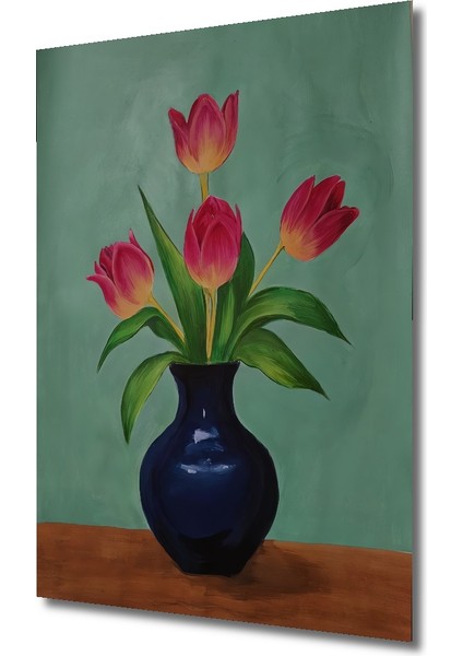 Koyu Lacivert Vazo Kırmızı Laleler Sulu Boya Görünümlü Ahşap Dekoratif Tablo Dikdörtgen Tablo modelleri