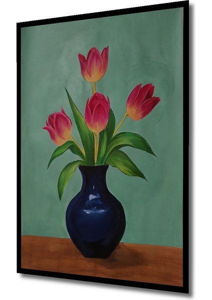 Koyu Lacivert Vazo Kırmızı Laleler Sulu Boya Görünümlü Ahşap Dekoratif Tablo Dikdörtgen Tablo indirimleri