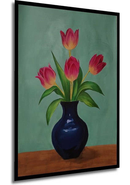 Koyu Lacivert Vazo Kırmızı Laleler Sulu Boya Görünümlü Ahşap Dekoratif Tablo Dikdörtgen Tablo