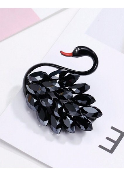 Mekik Taşlı Mineli Kuğu Broş Siyah-4.5 cm