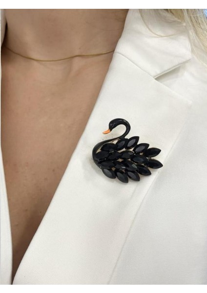 Mekik Taşlı Mineli Kuğu Broş Siyah-4.5 cm