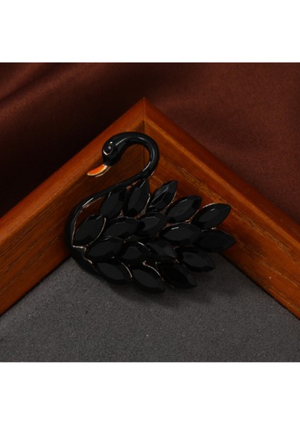 Mekik Taşlı Mineli Kuğu Broş Siyah-4.5 cm