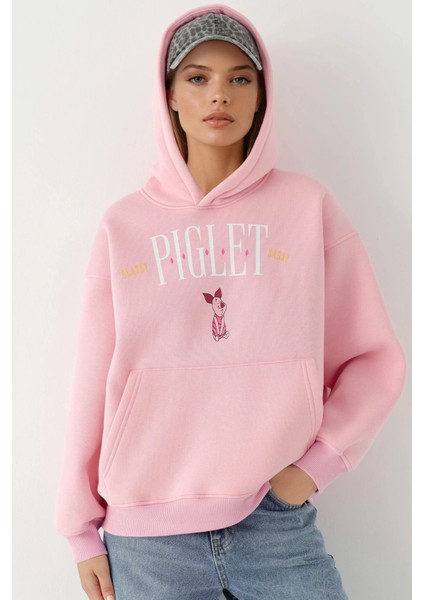 Kadın Oversize Baskılı Kapüşonlu Sweatshirt Parlak Pembe