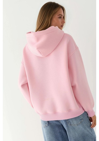 Kadın Oversize Baskılı Kapüşonlu Sweatshirt Parlak Pembe fırsatları
