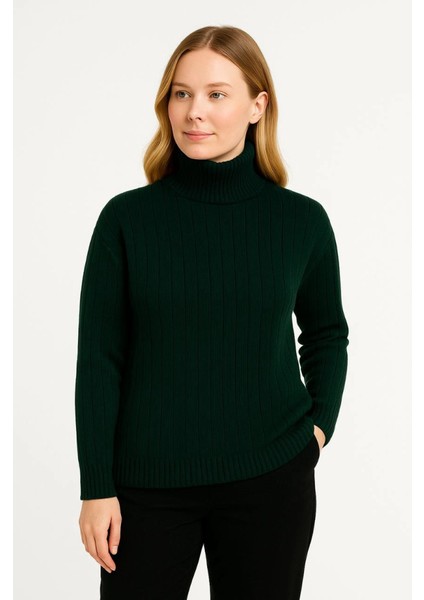 Balıkcı Yaka Bağazlı Triko Kazak Pamuklu Kalın Fitilli Dokuma - Haki