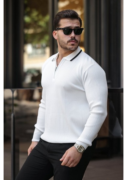 Erkek Yakaları Çizgi Detaylı Selanik Örme Triko fiyatları