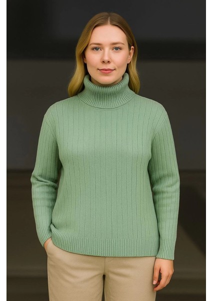 Balıkcı Yaka Bağazlı Triko Kazak Pamuklu Kalın Fitilli Dokuma - Mint Yeşili modelleri