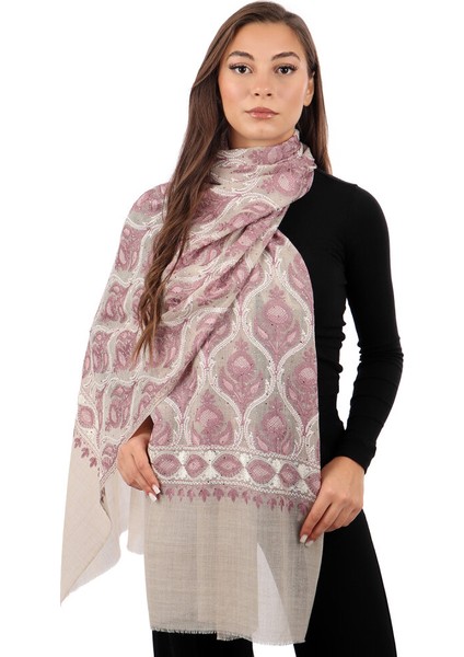 Taş Gül Kurusu Taşlı Işlemeli Yün Ipek Şal
