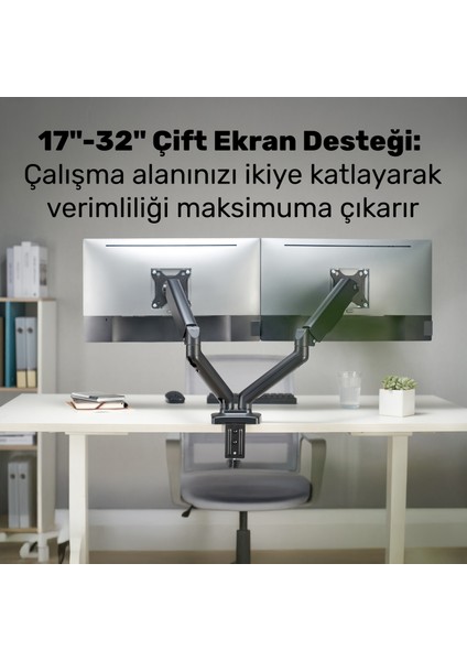 STD46024E Airgrip 17"-32" Ergonomik 360° Amortisörlü Vesa Çift Kol Monitör Tutucu modelleri
