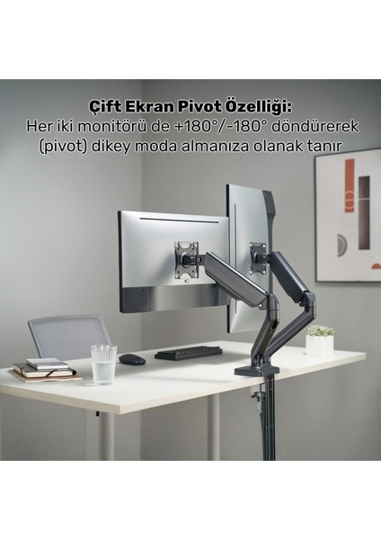 STD46024E Airgrip 17"-32" Ergonomik 360° Amortisörlü Vesa Çift Kol Monitör Tutucu fırsatları
