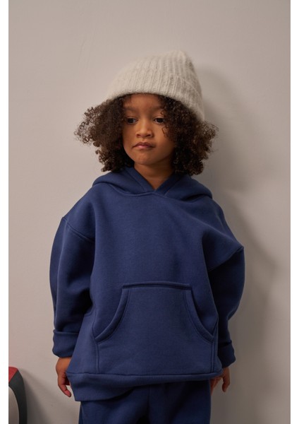 Lacivert Çocuk Kanguru Cepli Oversize Eşofman Takımı