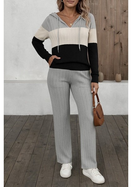 Kadın Uzun Kollu Kapşonlu Bağcıklı Blok Renkli Şardonlu Kaşkorse Bluz ve Pantolon Ikili Takım modelleri