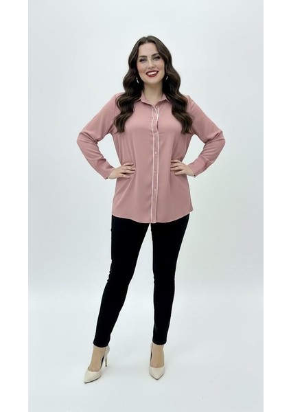 Kadın Büyük Beden Uzun Kollu Önde Ara Biye Detaylı Dökümlü Kumaş Gömlek 1991