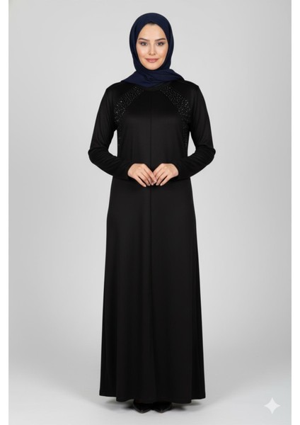 Elele Kadın Alice Büyük Beden Nervürlü Taşlı Boydan Siyah Elbise