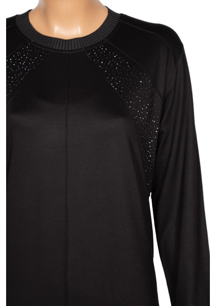 Elele Kadın Alice Büyük Beden Nervürlü Taşlı Boydan Siyah Elbise modelleri