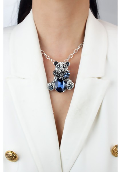 Gümüş Zincir Zrkon Taşlı Büyük Panda Uçlu Kolye