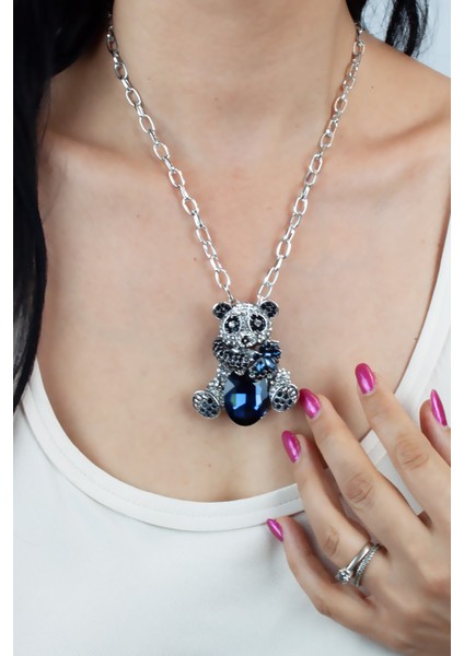 Gümüş Zincir Zrkon Taşlı Büyük Panda Uçlu Kolye modelleri