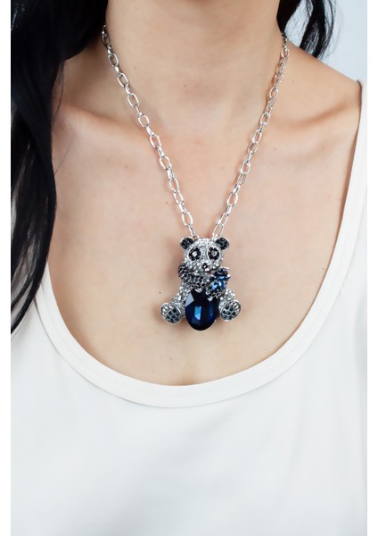 Gümüş Zincir Zrkon Taşlı Büyük Panda Uçlu Kolye fırsatları