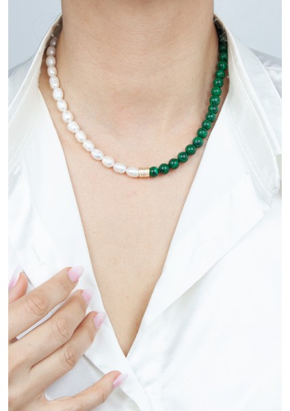 Malahit Taşlı Gerçek Inci Kolye