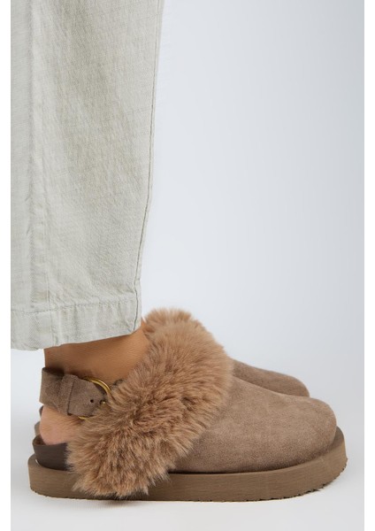 Antonella Kürklü Kadın Hakiki Deri Arkadan Kemerli Platform Sabo Vizon Sandalet