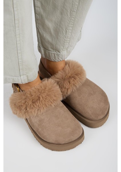 Antonella Kürklü Kadın Hakiki Deri Arkadan Kemerli Platform Sabo Vizon Sandalet fiyatları